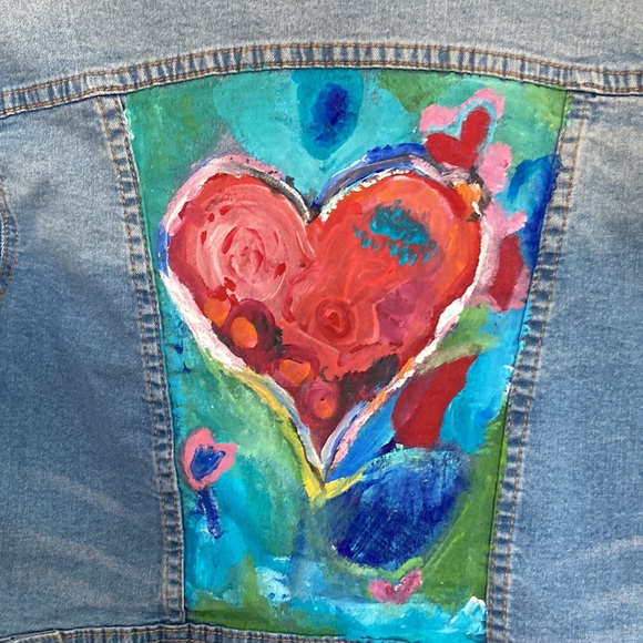 Artisan Hand Painted Blue Notes Cropped Jean Jacket Abstract Heart Acryl… - Picture 2 of 12